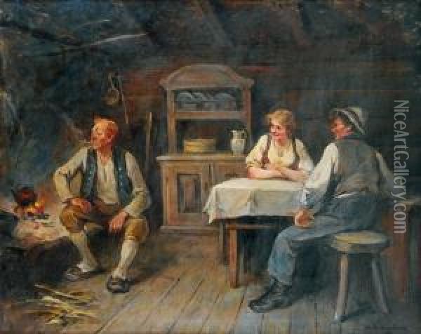 Pike, Gutt Og Eldre Mann I Interior Oil Painting - Nils Nilsen Bergslien