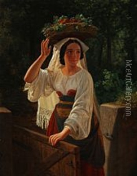 An Italian Woman Carrying A Basket Filled With Fruit Oil Painting - Frederik Ludwig Storch