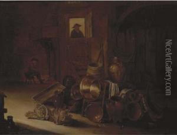 A Stable Interior With Kitchen Utensils And Vegetables In The Foreground Oil Painting - Hendrick Maertensz. Sorch (see Sorgh)