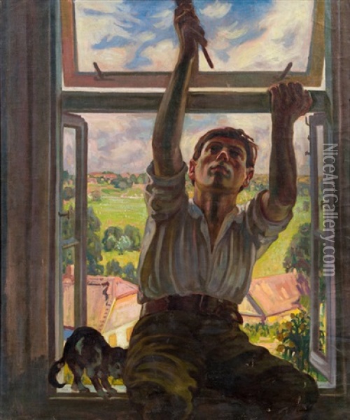 Mann Auf Fensterbank Sitzend Oil Painting - Abraham Neumann