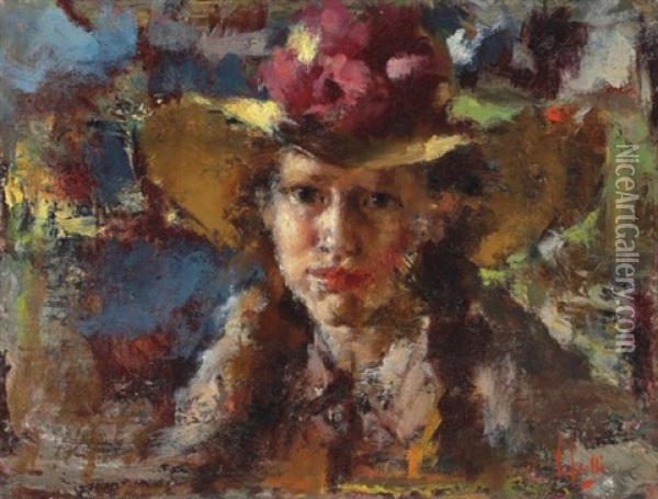 Portrait Of A Young Lady With A Hat Oil Painting - Vincenzo Irolli