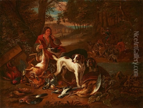 Landscape With Hunters, Dogs, And Game Oil Painting - Adriaen de Gryef
