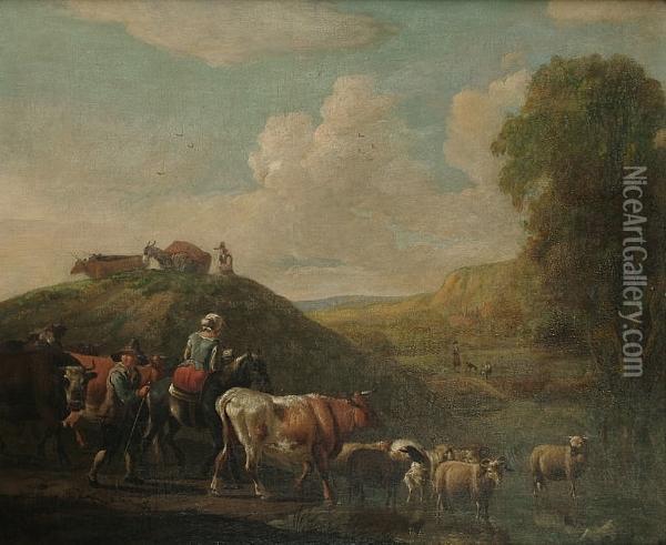 A Landscape With Cattle Fording A Stream Oil Painting - Willem Romeyn