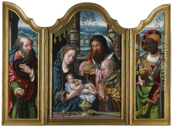 A Triptych: The Adoration Of The Magi; With Saint Joseph (left Wing) And Balthazar (right Wing) Oil Painting - Pieter Coecke van Aelst the Elder