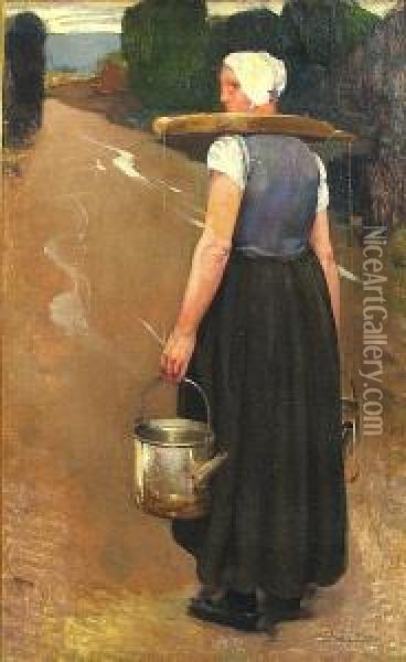 A Breton Woman Carrying Water Oil Painting - Firmin Baes