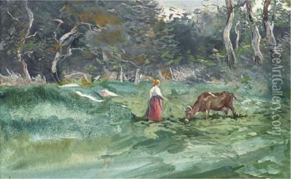 A Milkmaid And Her Cow Oil Painting - Pompeo Mariani