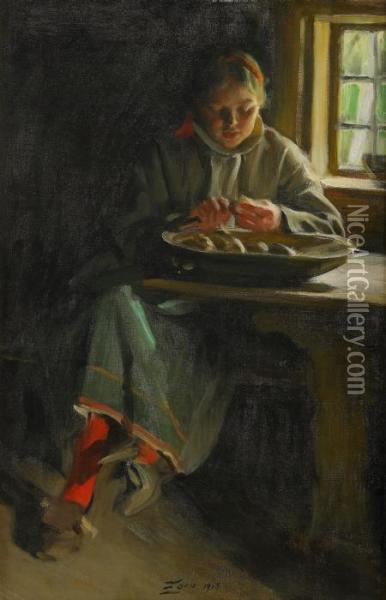 Peeling Potatoes - Interior With Peasant Woman Oil Painting - Anders Zorn