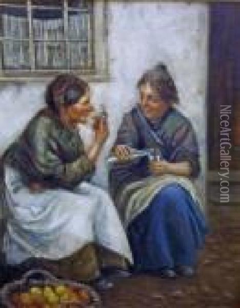 Oil, Two Fisher Ladies Outside A Cottage, 19 Oil Painting - Philip William May
