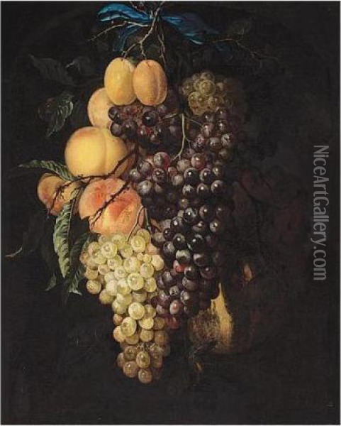 A Garland Of Grapes, Peaches, 
Apricots And A Honey Melon, Suspended From A Nail, Tied With A Blue 
Ribbon, Set Within A Feigned Stone Niche Oil Painting - Willem van Mieris