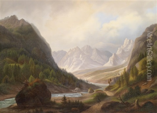 Wanderer Im Gebirgstal Oil Painting - Anton Schiffer
