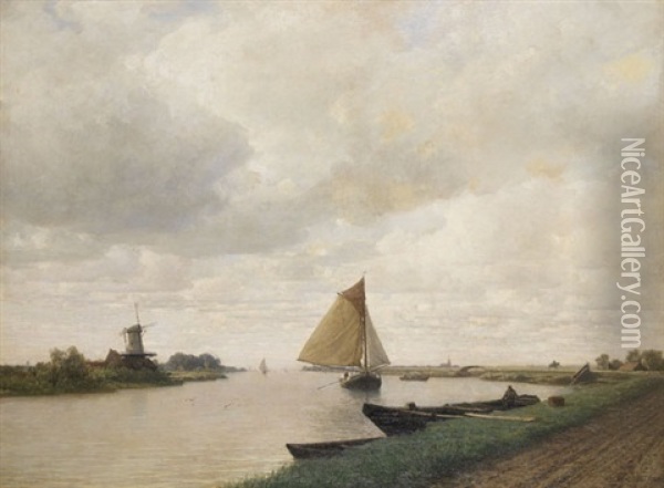 Niederrheinlandschaft Mit Segelboot Und Windmuhle Oil Painting - Eduard Tenner