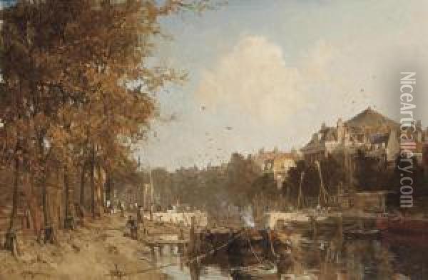 The Wijnhaven And The Construction Of The Regentessebrug Oil Painting - Johann Hendrik Van Mastenbroek
