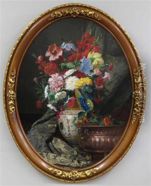 Still-life With Peonies, Gladiolas, Carnations And Poppies In A Faience Vase Oil Painting - Modeste (Max) Carlier
