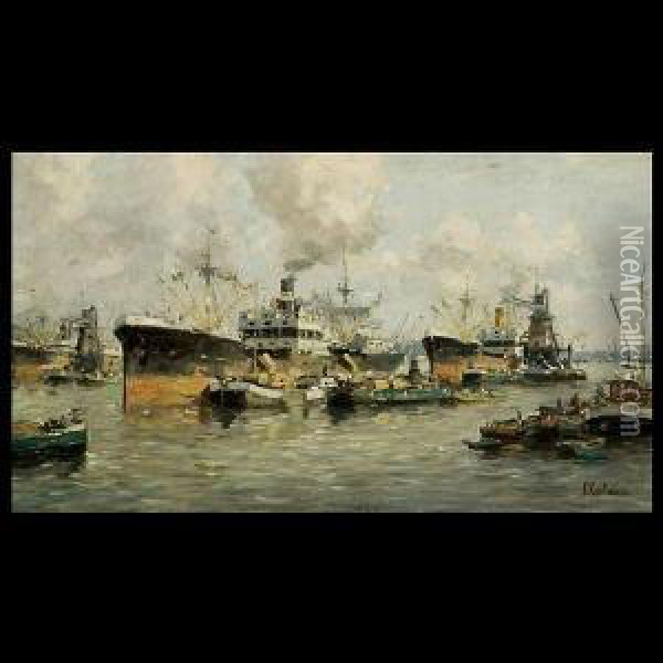 Kaufman.californian . View Of A 
Busy Port. Oil On Canvas. 10 X17 3/4 Inches. Signed Lower Right: F. 
Kaufman Oil Painting - Ferdinand Kaufmann