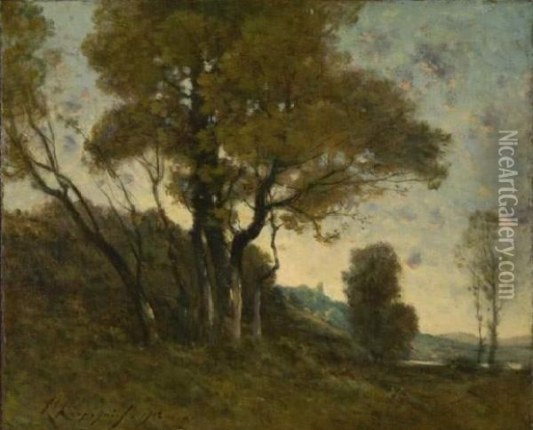 Landschaft In Der Nahe Von Saint-prive Bei Untergehender Sonne. Oil Painting - Henri-Joseph Harpignies