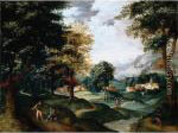 A Landscape With Travellers Resting On A Path In The Foreground, A Village Beyond Oil Painting - Jacob Grimmer