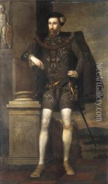 Portrait Of Henry Howard, Earl Of Surrey, Aged 29, Standing Fulllength, Wearing An Embroidered Costume, With A Dagger And A Sword,by A Pedestal Oil Painting - William Scrots