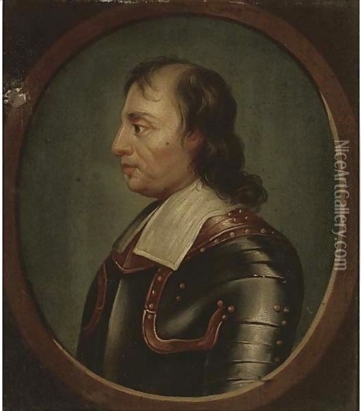 Portrait of Oliver Cromwell (1599-1658), bust-length, in armour, feigned oval Oil Painting - Samuel Cooper