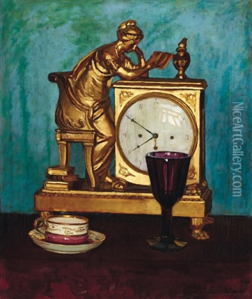 Still-life With A Clock Oil Painting - Pal Javor