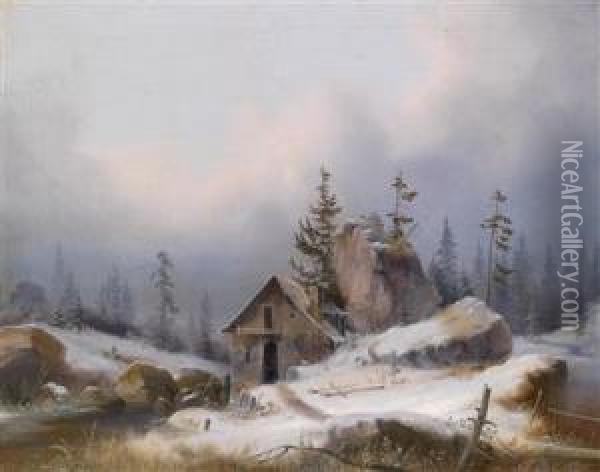 Winterlandschaft Mit Steinhaus Und Bach Oil Painting - Marcus Pernhart