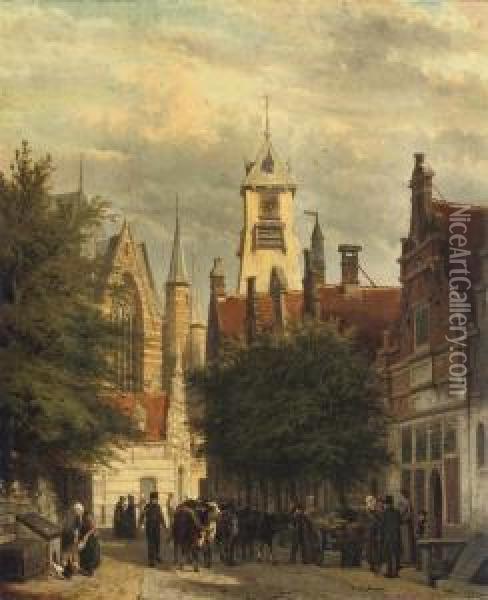Townspeople And Cattle In The 
Bagijnestraat With The Westerkerk Inthe Background, Enkhuizen Oil Painting - Cornelis Springer
