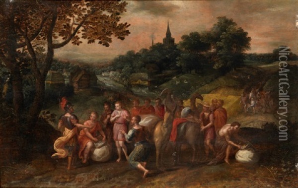 Joseph's Brothers On Their Way To Buy Grain In Egypt In A Wooded Landscape Oil Painting - Hans Jordaens III