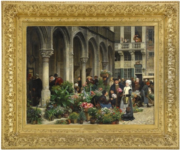 Blomstermarknad I Brabant Pa-talet-talet Oil Painting - Georg Von Rosen