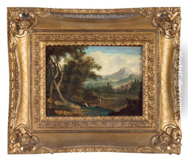 Paesaggio Con Figure, Lago E Paese Sullo Sfondo Oil Painting - Giovanni Battista Busiri