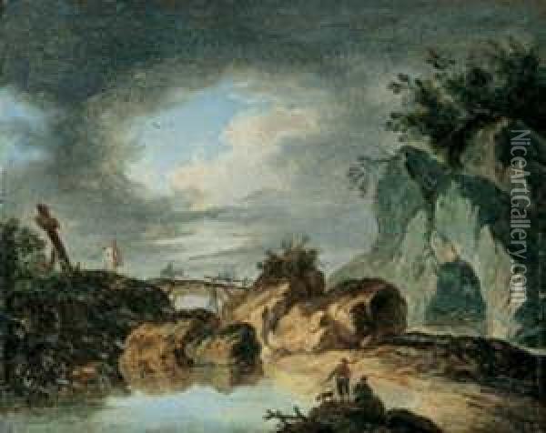 Zwei Gebirgige Flusslandschaften. Oil Painting - Louis-Philippe Crepin
