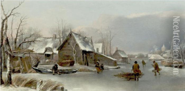 A Winter Landscape With Figures On A Frozen Inlet Oil Painting - Hendrick Dubbels