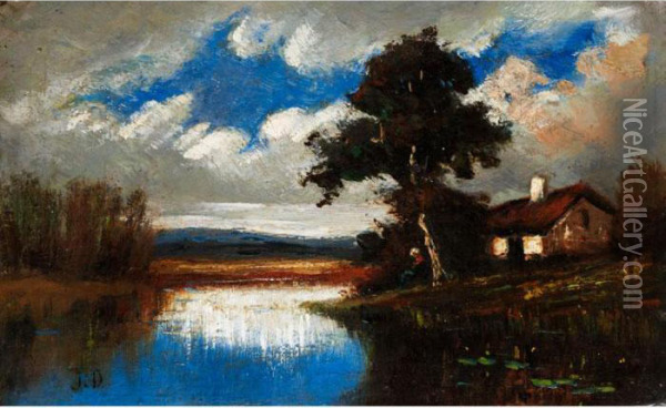 Landschaft Mit Haus Unter Einem Baum Am Weiher Oil Painting - Jules Dupre
