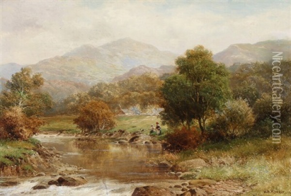 Welsh Landscape With Persons On A Riverbank Oil Painting - William Henry Mander