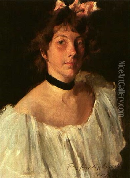 Portrait Of A Lady In A White Dress (miss Edith Newbold) Oil Painting - William Merritt Chase