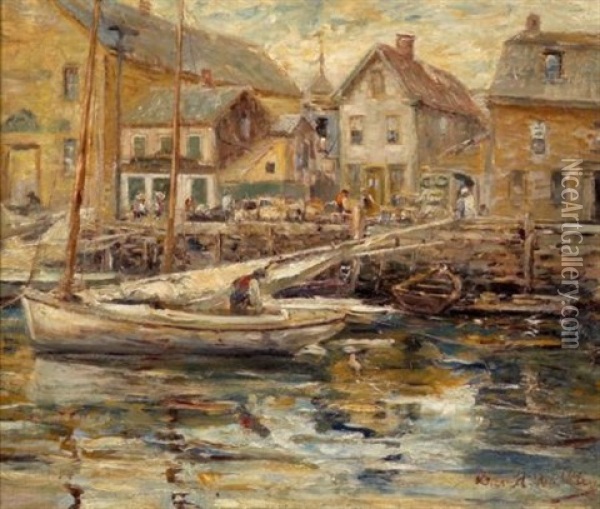 Preparing The Sails - A Harbor View, Connecticut Oil Painting - David Birdsey Walkley