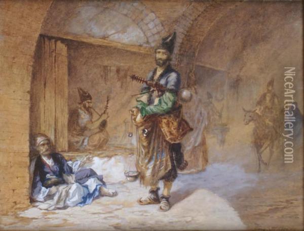 Marchand Et Musicien Dans Un Souk D'orient Oil Painting - Eugene Napoleon Flandin