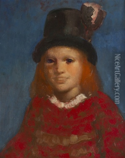 Little Girl In Top Hat Oil Painting - George Benjamin Luks