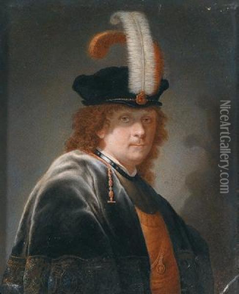 Uomo Con Copricapo Adorno Di Piume Oil Painting - Rembrandt Van Rijn