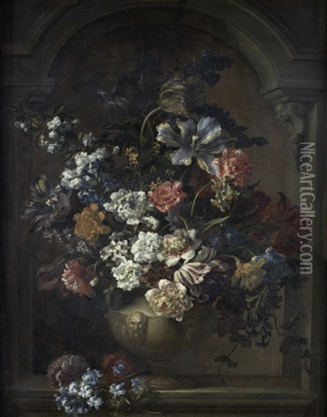 Peonies, Tulips, Narcissi, Honeysuckle And Other Flowers In A Classical Urn, Before A Stone Niche Oil Painting - Jean-Baptiste Monnoyer