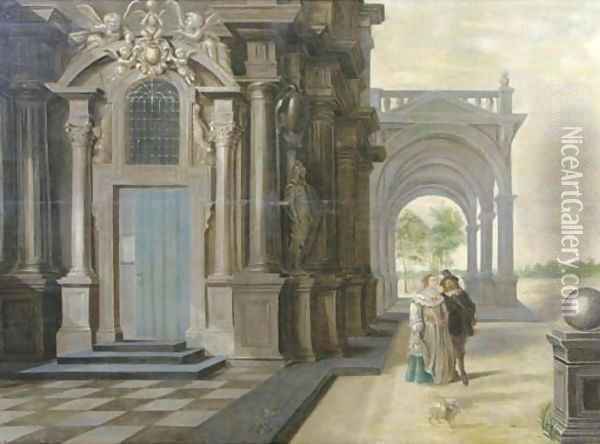 A fantastical palace with an elegant couple walking in front of a portico Oil Painting - Dirck Van Delen