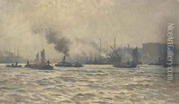 Tugs and other shipping on the Thames Oil Painting - William Lionel Wyllie