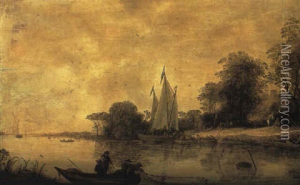 River Estuary With Fishermen Hauling In Their Nets Oil Painting - Frans de Hulst