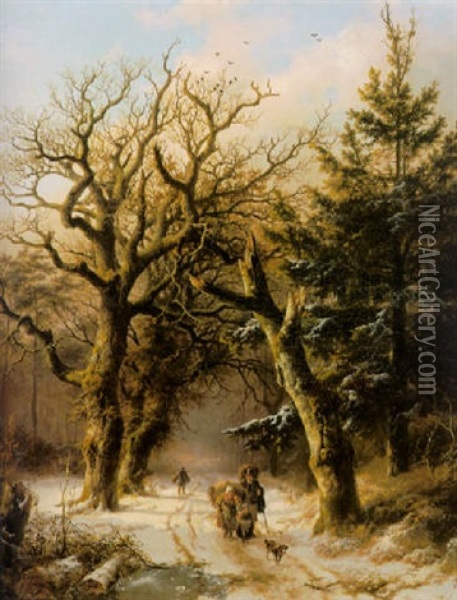 Travellers On A Snowy Path Oil Painting - Barend Cornelis Koekkoek