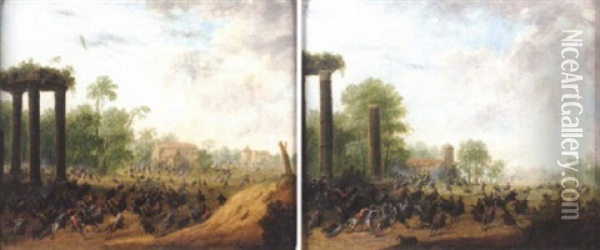 A Cavalry Engagement Beside Roman Ruins Oil Painting - Louis Nicolas van Blarenberghe