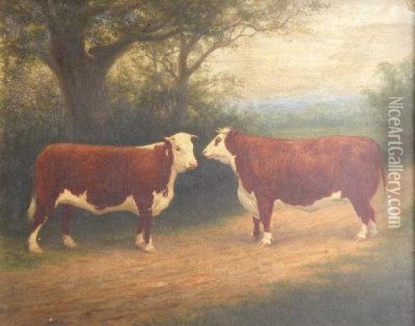 A Portrait Of Champion Hereford Cattle Oil Painting - Herbert Jones