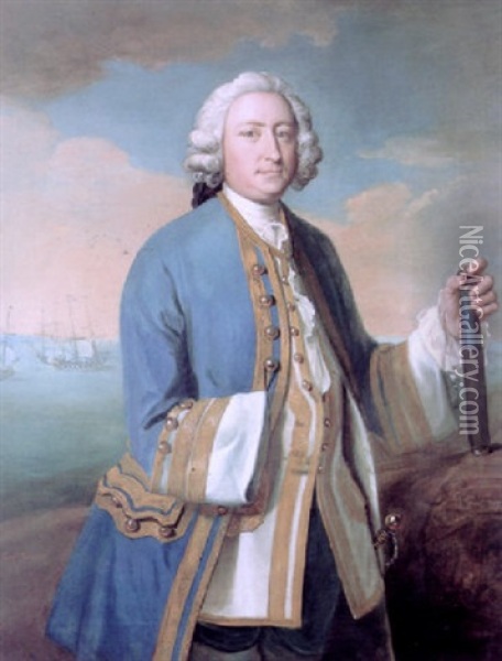 Portrait Of Captain David Brodie In A Blue Coat, Holding A Telescope, Shipping Beyond Oil Painting - Philip Mercier