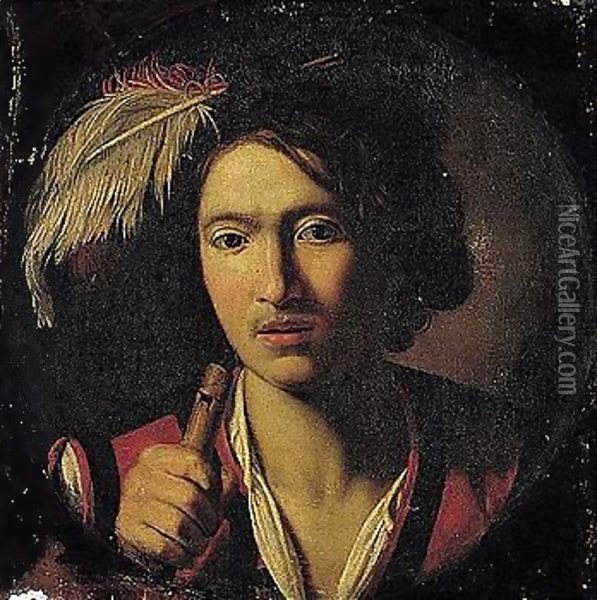 A Portrait Of A Young Man, Head And Shoulders, Wearing A Plumed Hat And Holding A Flute Oil Painting - Niccolo Renieri (see Regnier, Nicolas)