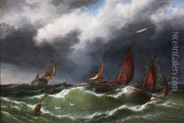 A Coming Gale - Fishing Boats Running From The Dogger Bank Oil Painting - Thomas Rose Miles