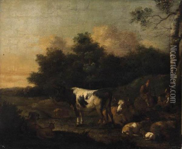 Drovers With Cattle In A Landscape Oil Painting - Adrian Van De Velde