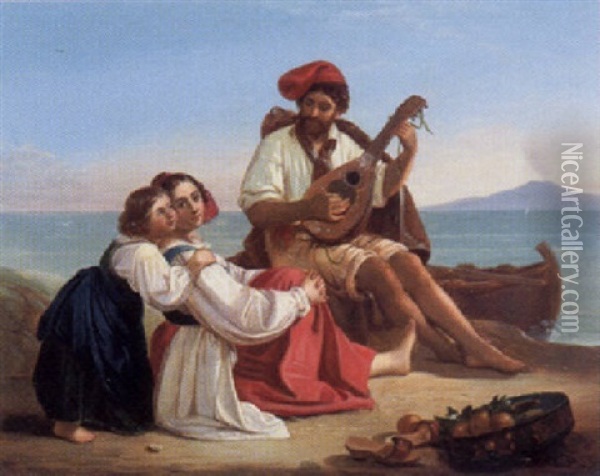 Neapolitanische Fischerfamilie Am Meeresufer, Dem Mandolinenspiel Des Vaters Lauschend Oil Painting - August Heinrich Riedel