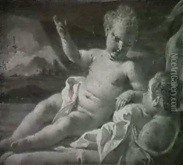 The Infant Christ Child And The Infant Saint John The       Baptist, In A Draped Interior, A Landscape Beyond Oil Painting - Francesco de Mura